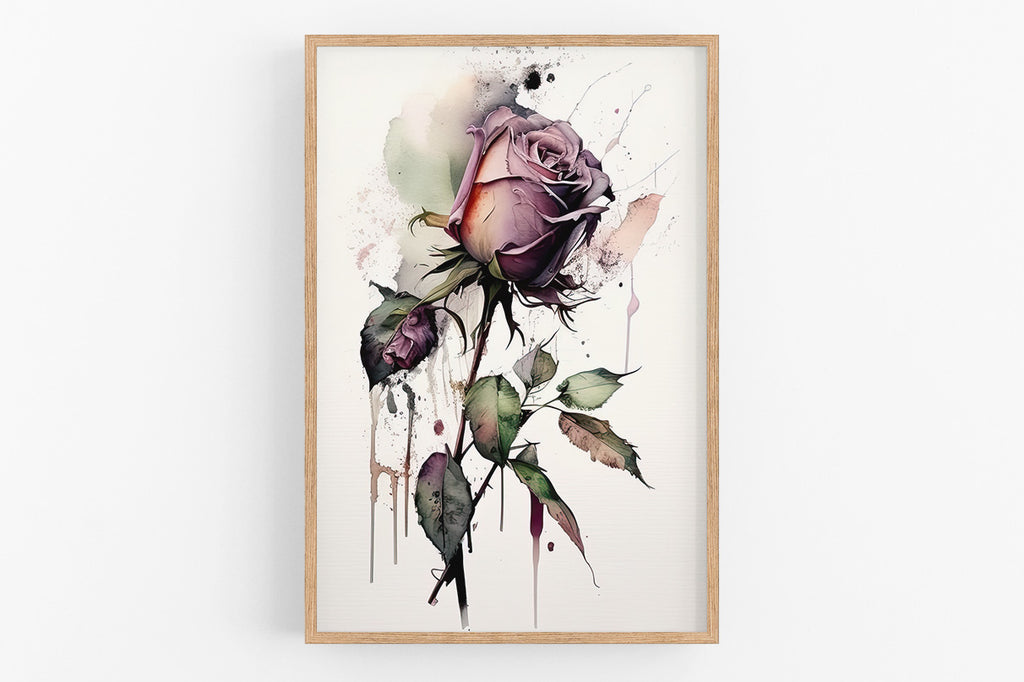 The image is a framed watercolor painting depicting a vibrant purple rose with delicate green leaves.