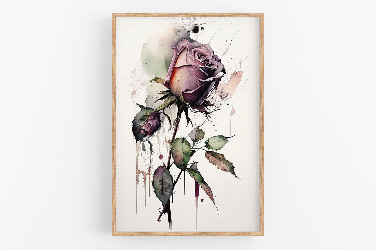 The image is a framed watercolor painting depicting a vibrant purple rose with delicate green leaves.