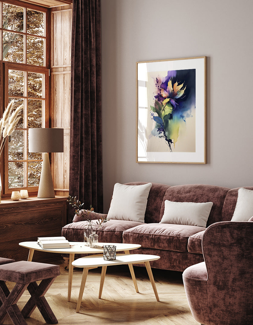 a cozy living room with a large window, a brown sofa, a coffee table, and a framed watercolor painting on the wall.