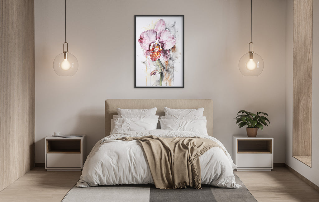 a serene and modern bedroom with a large bed, white bedding, and a framed watercolor painting of a pink orchid hanging above it. The room is illuminated by two pendant lights, creating a warm and inviting atmosphere.