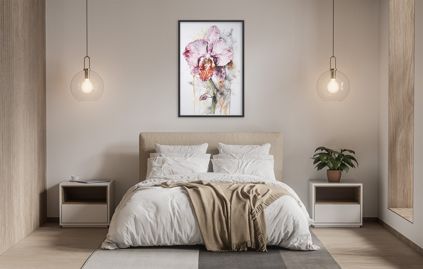 a serene and modern bedroom with a large bed, white bedding, and a framed watercolor painting of a pink orchid hanging above it. The room is illuminated by two pendant lights, creating a warm and inviting atmosphere.