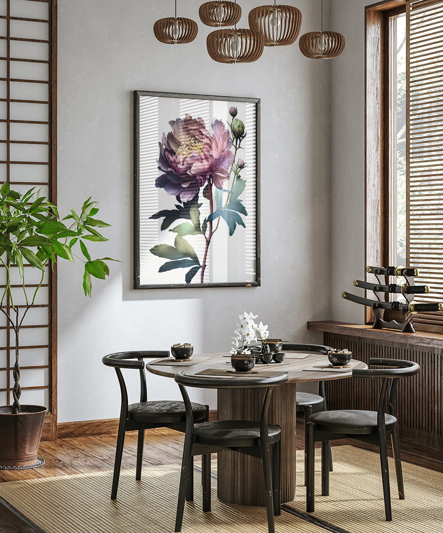 a modern dining room with a round wooden table surrounded by black chairs. A large floral print hangs on the wall above the table, adding a touch of nature to the space. The room is decorated with potted plants, vases, and other decorative elements, creating a cozy and inviting atmosphere.