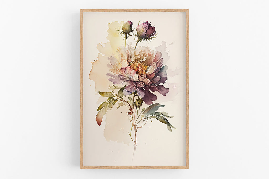 The image is a framed watercolor painting depicting a large, vibrant flower with multiple petals in shades of pink, purple, and yellow.