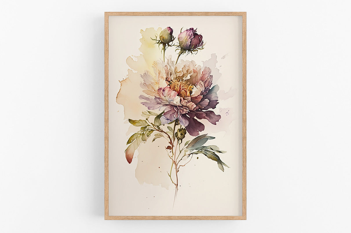 The image is a framed watercolor painting depicting a large, vibrant flower with multiple petals in shades of pink, purple, and yellow.