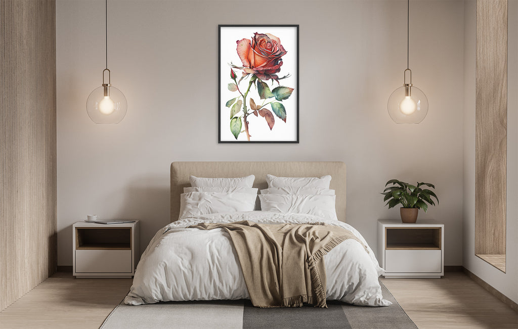a serene and modern bedroom with a large bed, white bedding, and a framed painting of a red rose hanging above it. The room is illuminated by two pendant lights, creating a warm and inviting atmosphere.