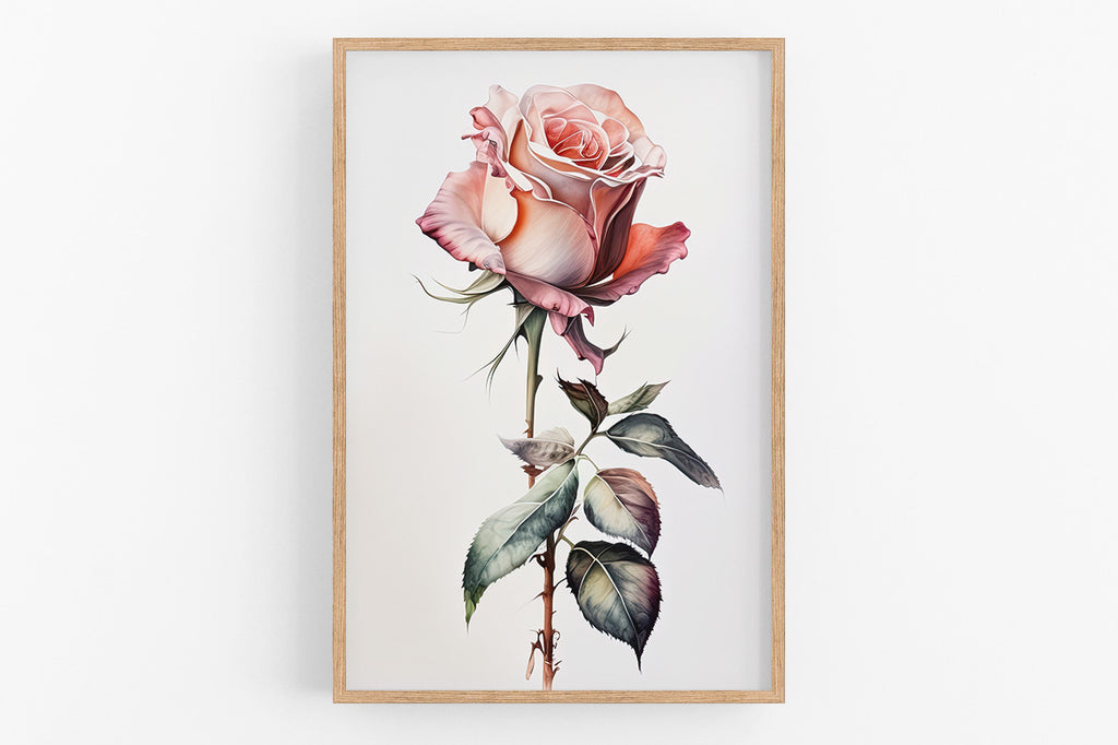 A framed watercolor painting of a single, vibrant pink rose with delicate petals and lush green leaves.