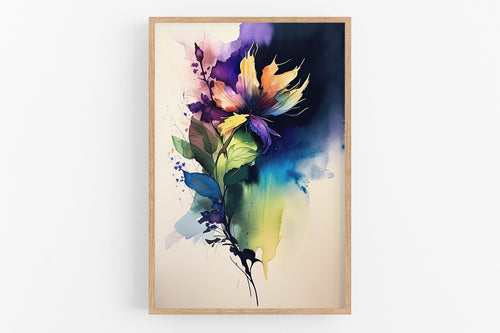 The image is a vibrant and colorful painting featuring a large, multi-colored flower with intricate details and a mix of blue, purple, yellow, and orange hues.