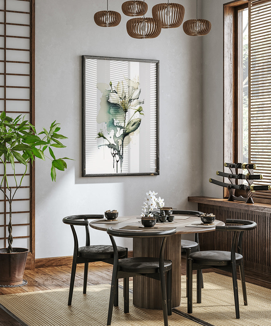 a modern dining room with a round wooden table, four black chairs, and a large potted plant. A framed watercolor painting of a flower hangs on the wall above the table, and a chandelier hangs from the ceiling. The room has a minimalist and elegant design, with a wooden floor and a large window providing natural light.