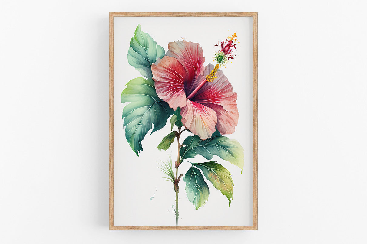 A framed painting depicting a vibrant hibiscus flower with large, pink petals and green leaves.
