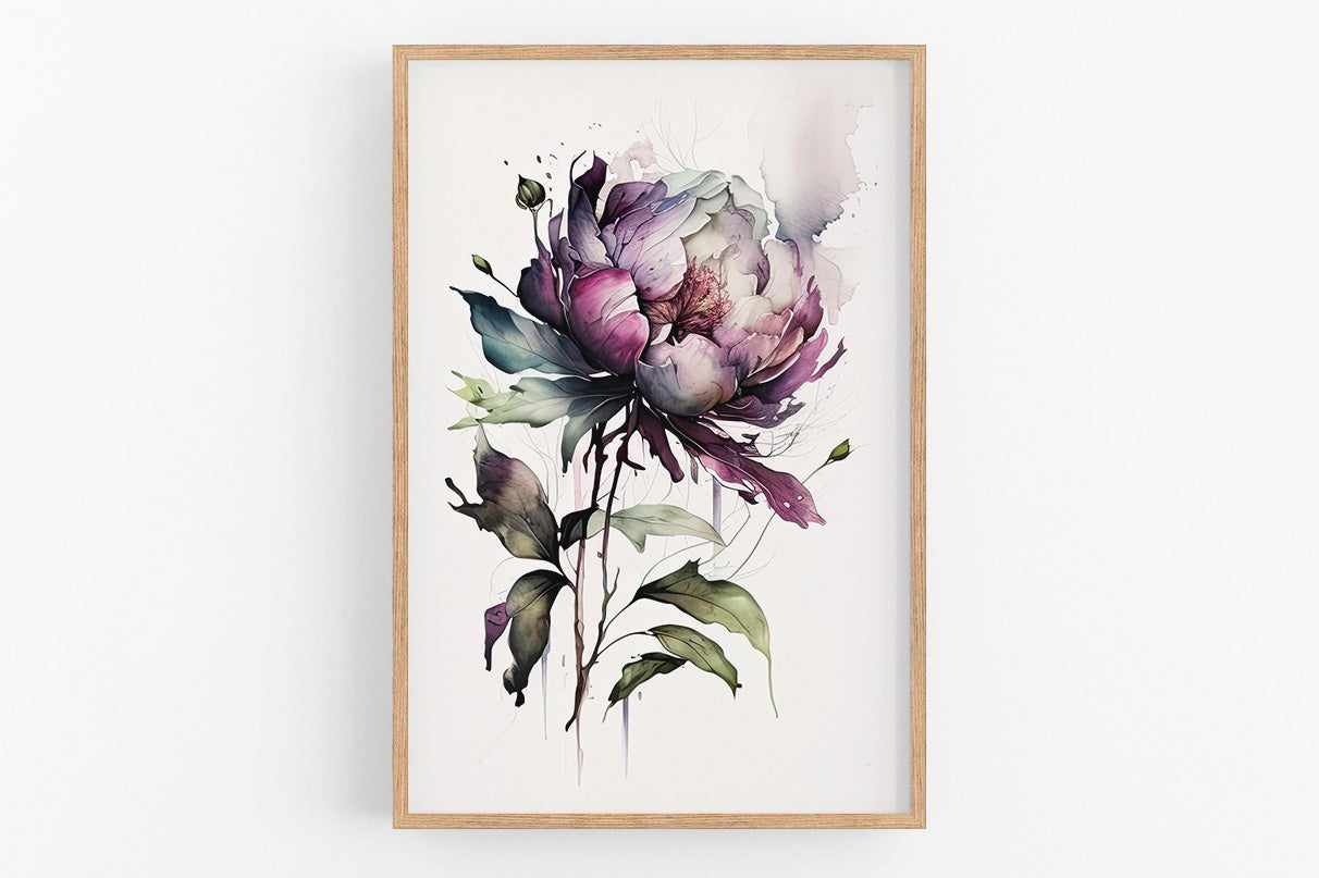 The image is a framed watercolor painting depicting a large, vibrant purple flower with delicate petals and green leaves.