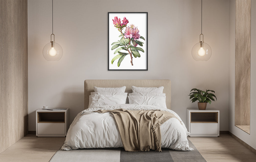 a serene and modern bedroom with a large bed, white bedding, and a framed botanical illustration of a pink flower on the wall above it. The room is illuminated by two pendant lights hanging from the ceiling, and there are two nightstands on either side of the bed, each with a plant.