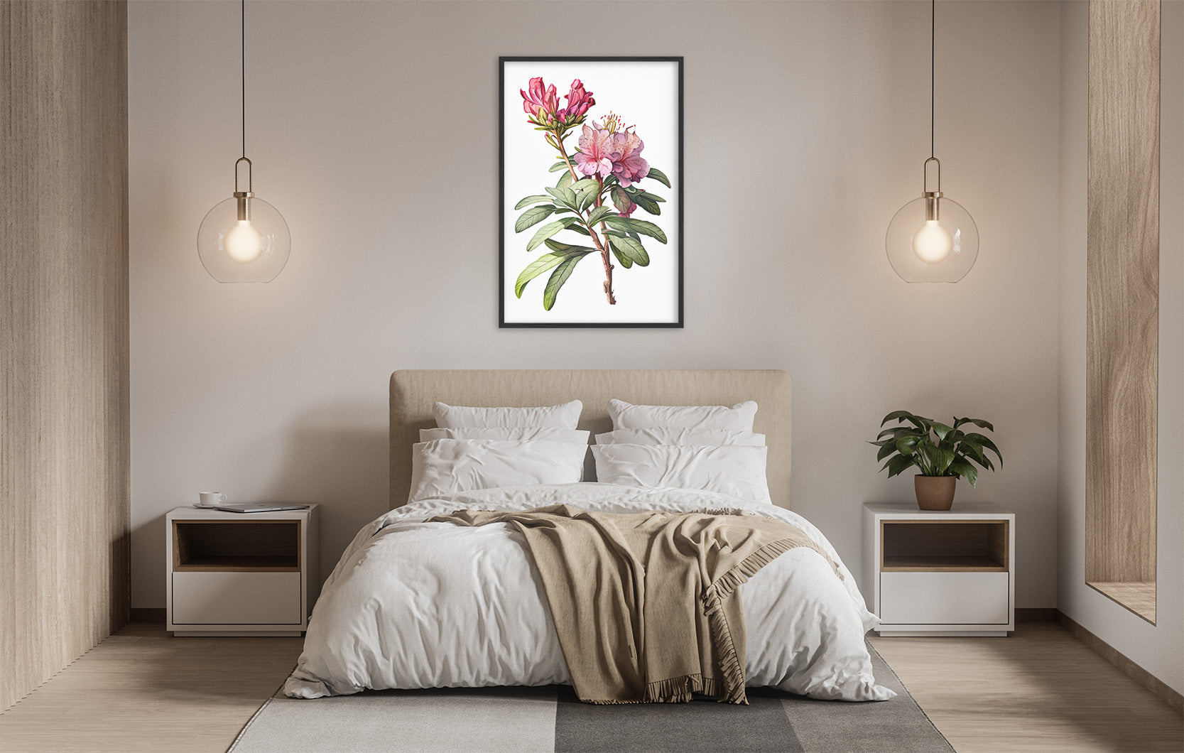 a serene and modern bedroom with a large bed, white bedding, and a framed botanical illustration of a pink flower on the wall above it. The room is illuminated by two pendant lights hanging from the ceiling, and there are two nightstands on either side of the bed, each with a plant.
