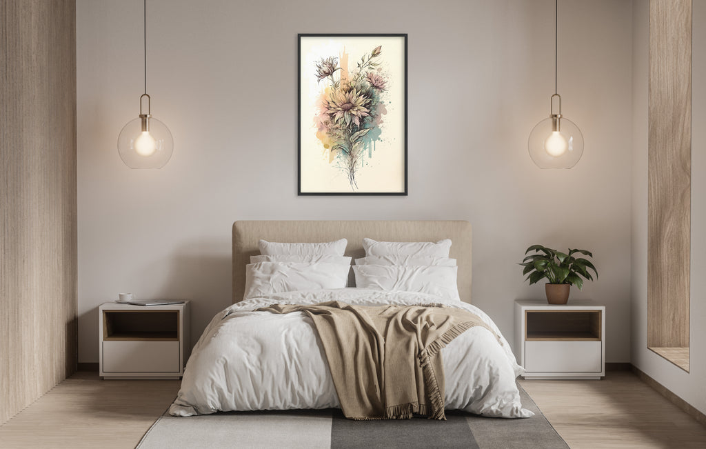 a serene and modern bedroom with a large bed, white bedding, and a framed artwork of flowers hanging above it. The room is illuminated by two pendant lights, creating a warm and inviting atmosphere.