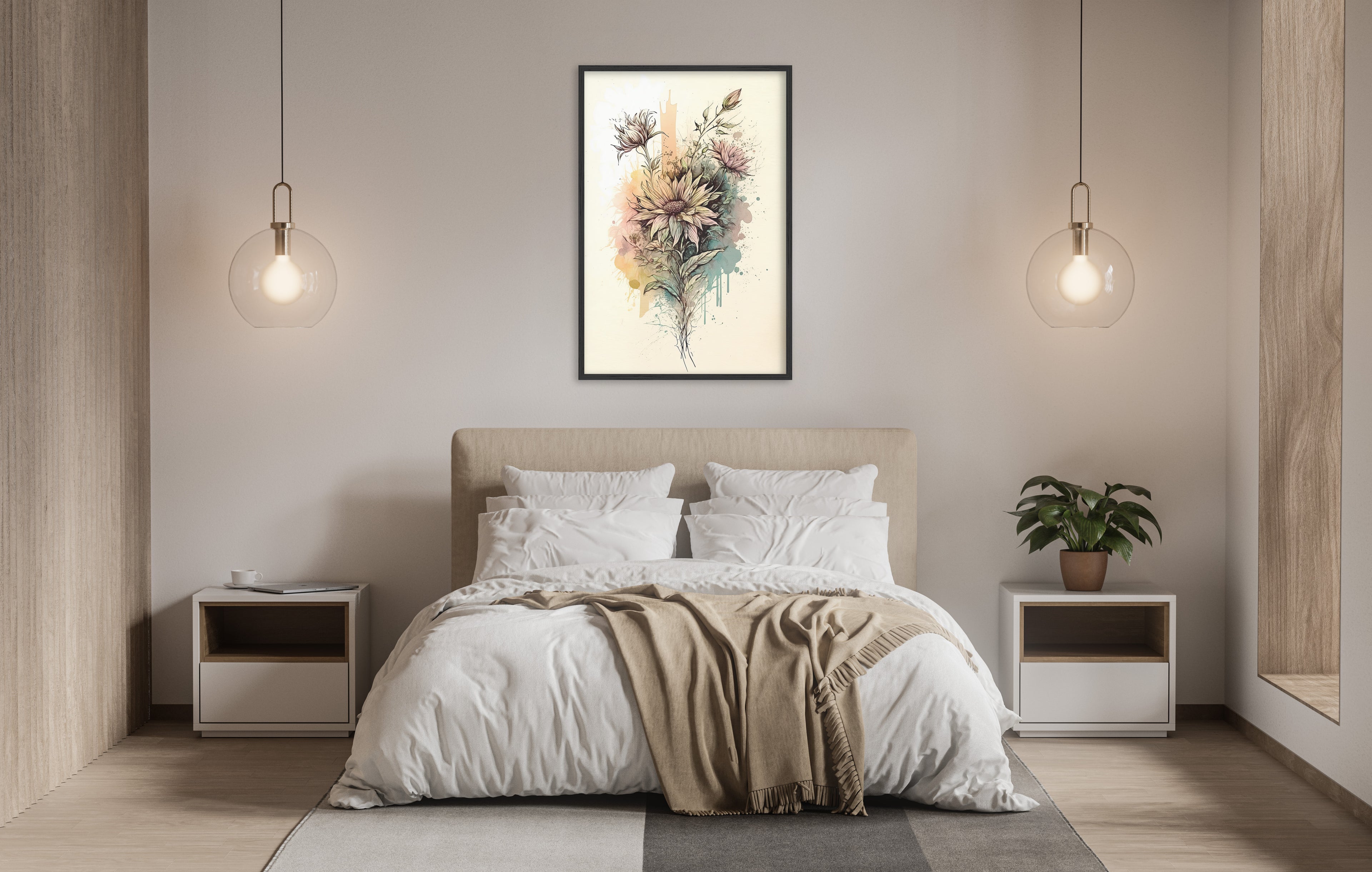 a serene and modern bedroom with a large bed, white bedding, and a framed artwork of flowers hanging above it. The room is illuminated by two pendant lights, creating a warm and inviting atmosphere.