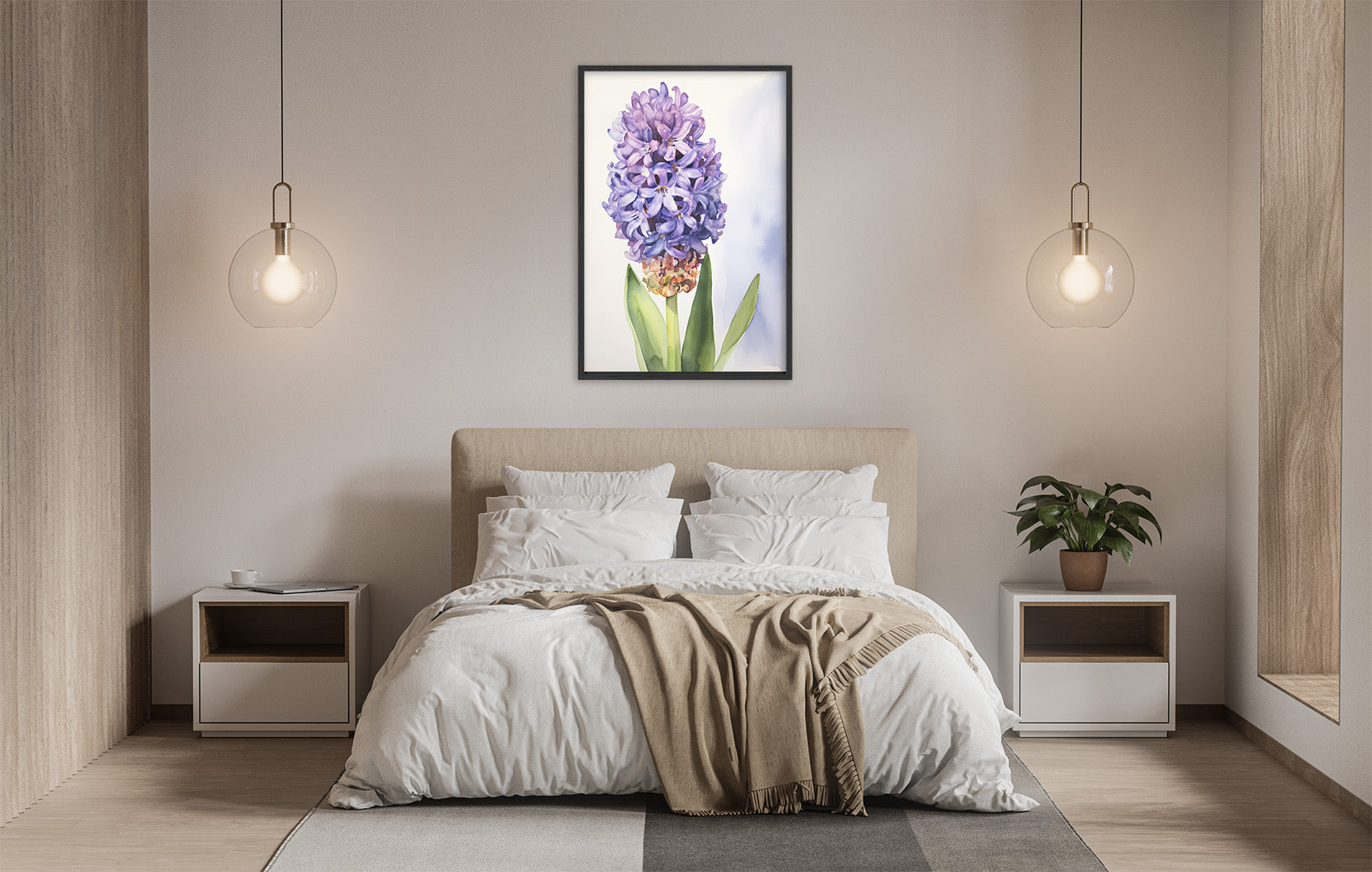 a serene bedroom scene with a large bed, white bedding, and a framed picture of a purple hyacinth flower hanging above it. The room has a minimalist and modern design, with pendant lights hanging above the bed and a plant on a nightstand to the side.