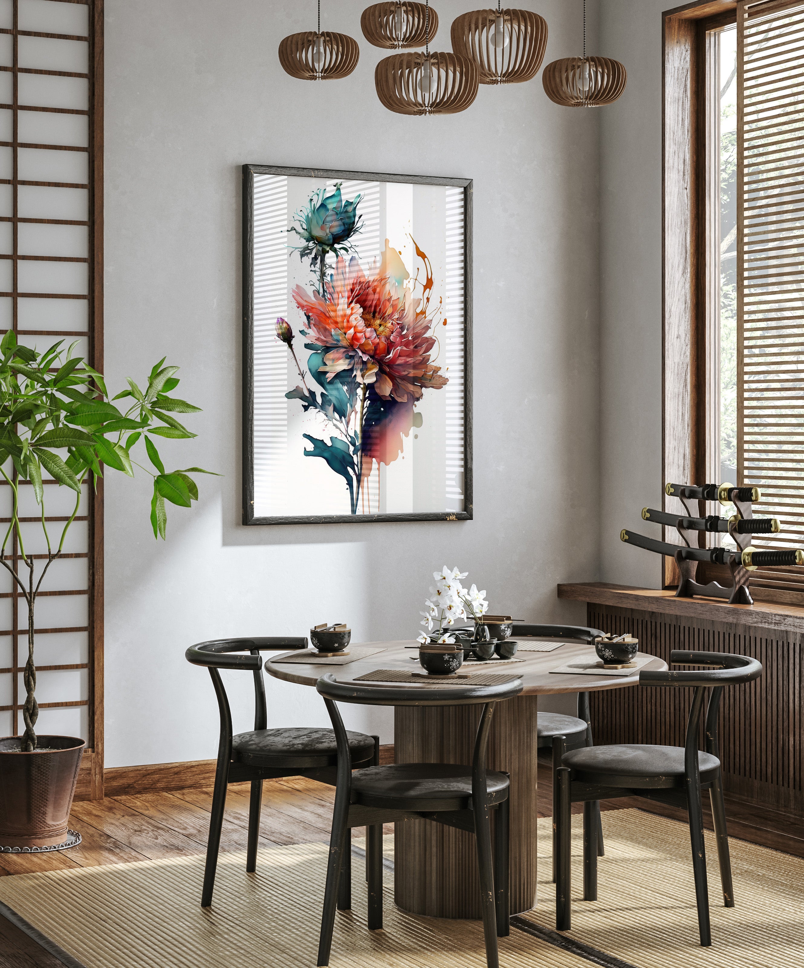 a modern dining room with a round wooden table surrounded by black chairs. A large floral painting hangs on the wall above the table, and a chandelier hangs from the ceiling. The room is decorated with various plants and other decorative elements, creating a cozy and inviting atmosphere.