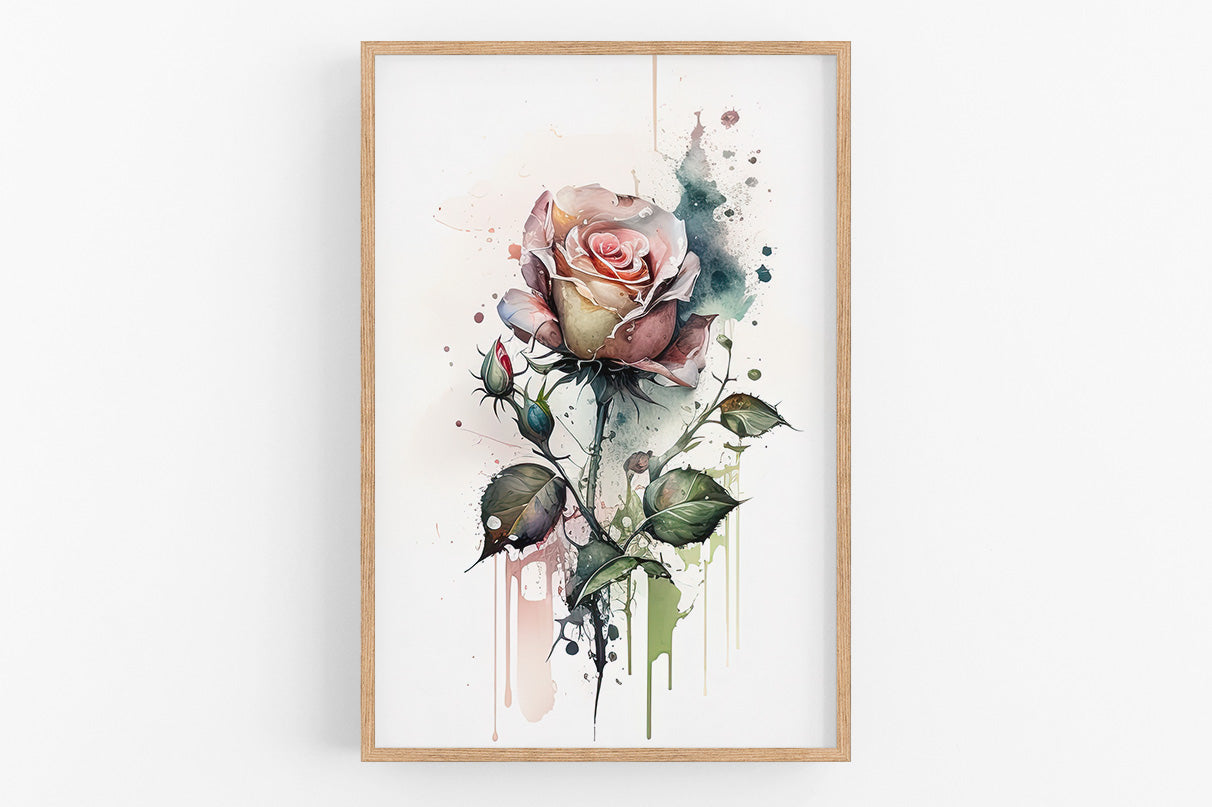 The image is a framed watercolor painting of a pink rose with green leaves and stems.
