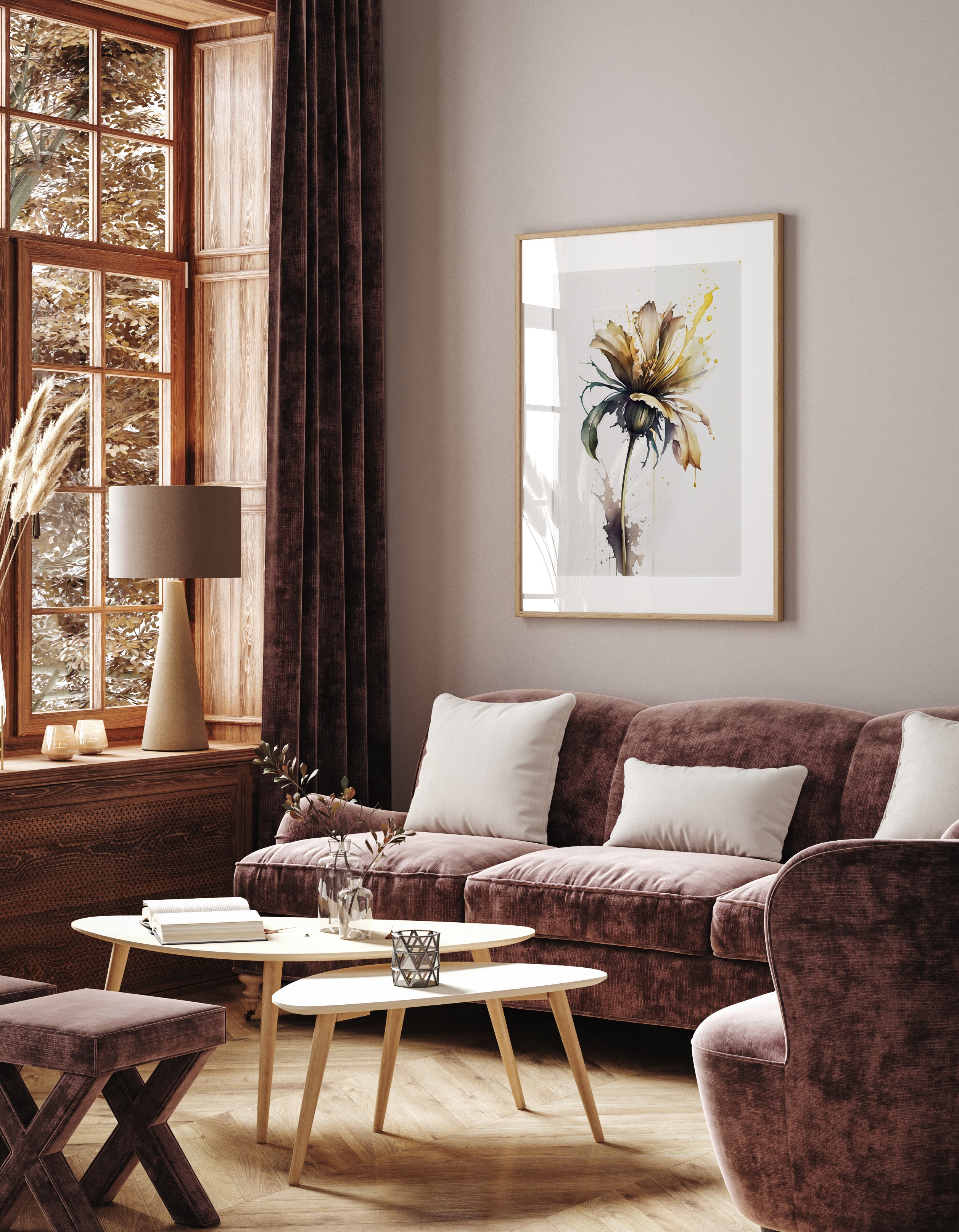 a cozy living room with a large window, a plush couch, a coffee table, and a framed artwork on the wall.