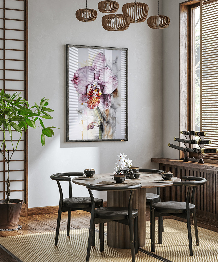 a modern dining room with a round wooden table, four black chairs, and a large window with wooden blinds. A framed painting of a purple orchid is hanging on the wall above the table, and a potted plant is placed on the floor next to the table.