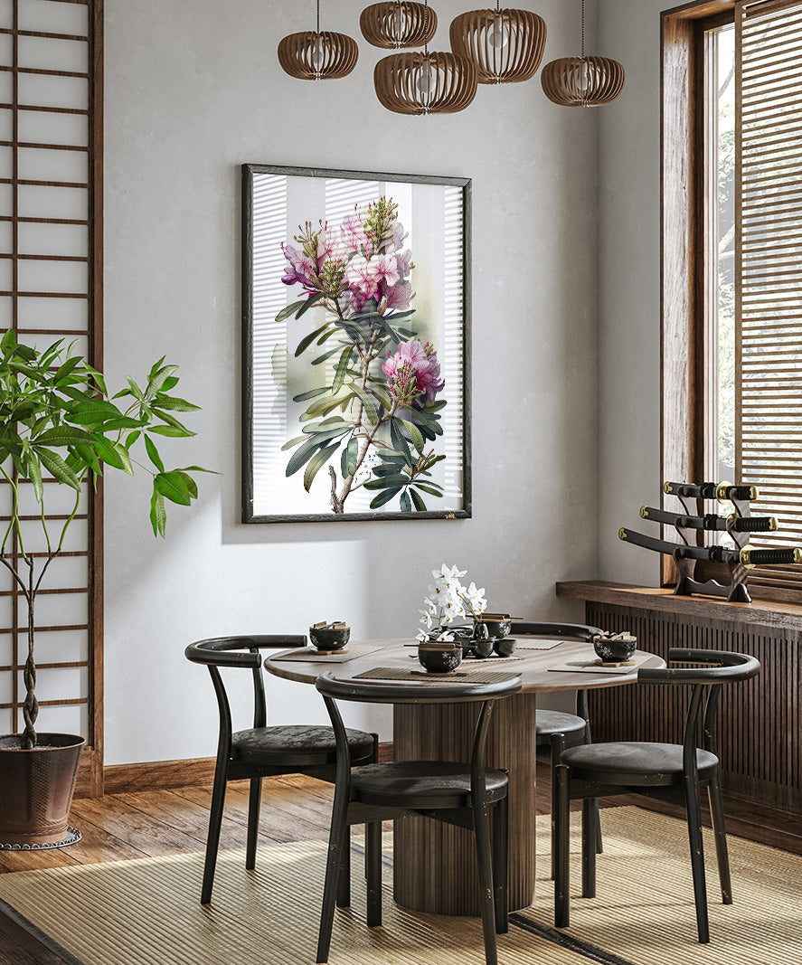 a modern dining room with a round wooden table surrounded by black chairs. A large floral painting hangs on the wall above the table, and a potted plant is placed on the left side of the room. The room has a minimalist and elegant design, with a wooden floor and a large window providing natural light.