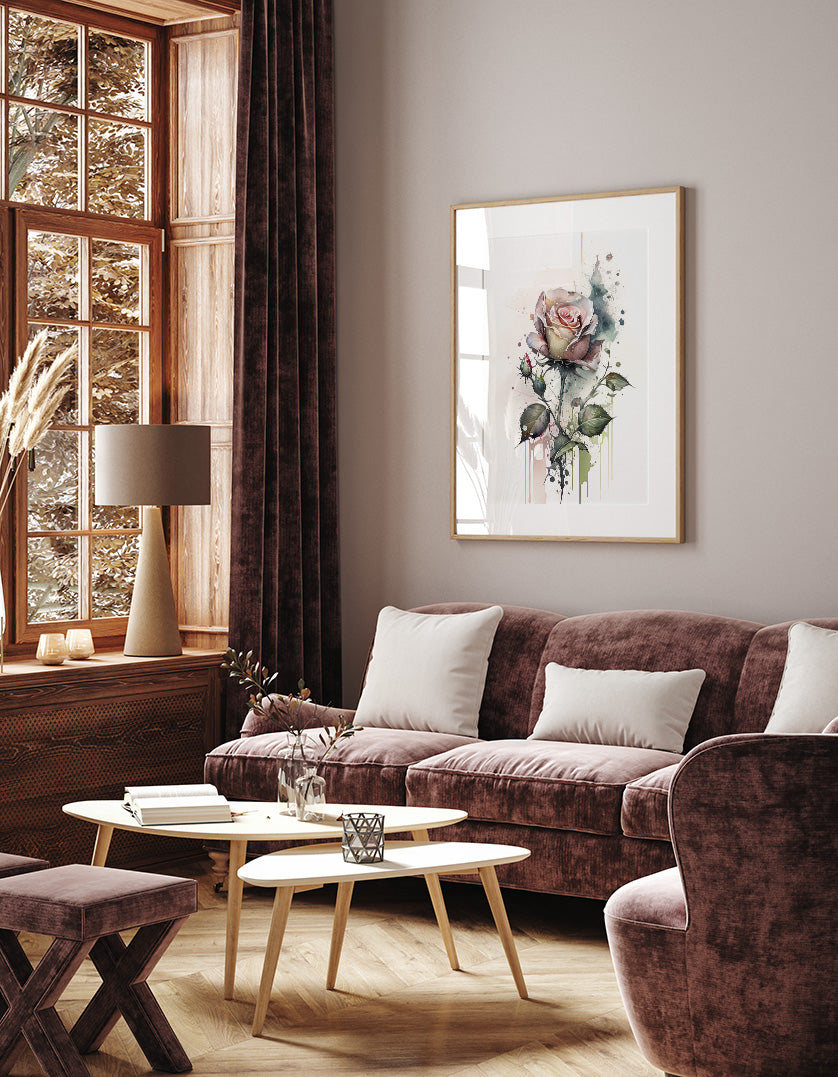 a cozy living room with a large window, a plush red sofa, a wooden coffee table, and a framed watercolor painting of a rose on the wall.