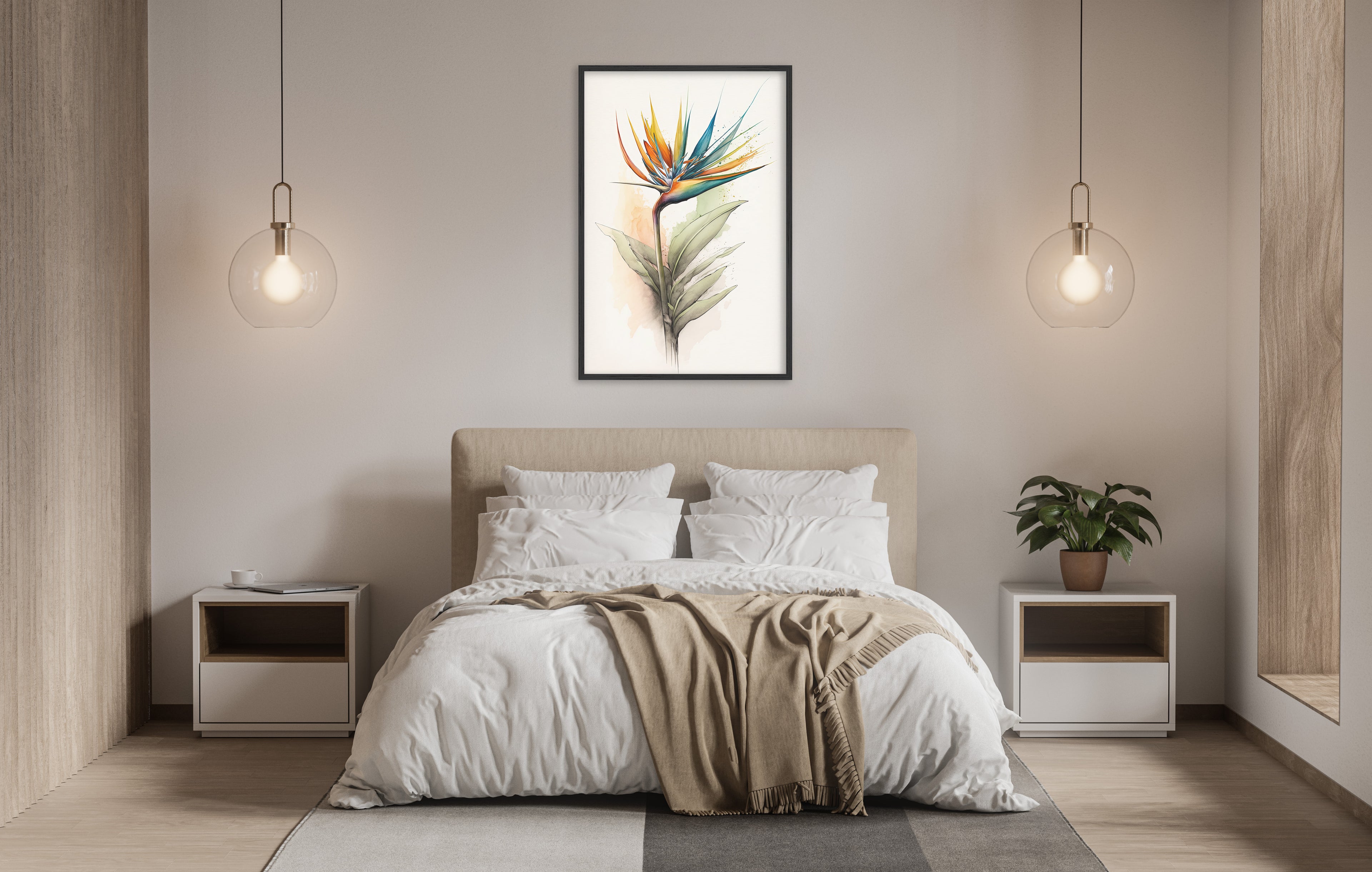 a serene and modern bedroom with a large bed, white bedding, and a framed painting of a tropical flower hanging above it. The room is illuminated by two pendant lights, creating a warm and inviting atmosphere.