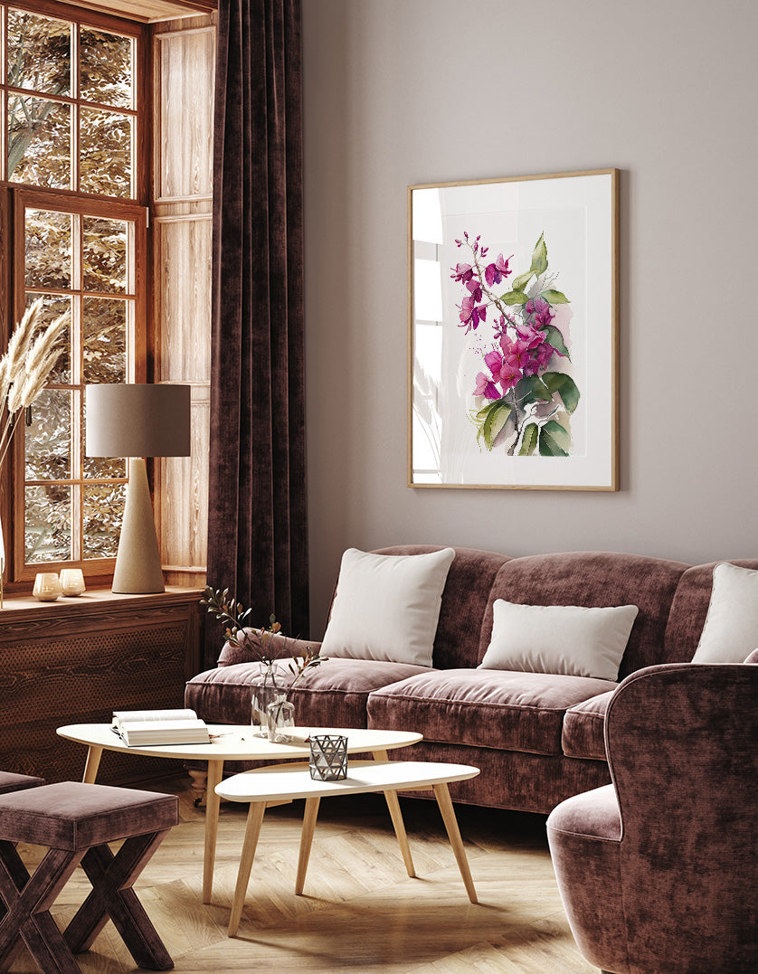 a cozy living room with a large window, a brown sofa, a wooden coffee table, and a framed painting of pink flowers on the wall.