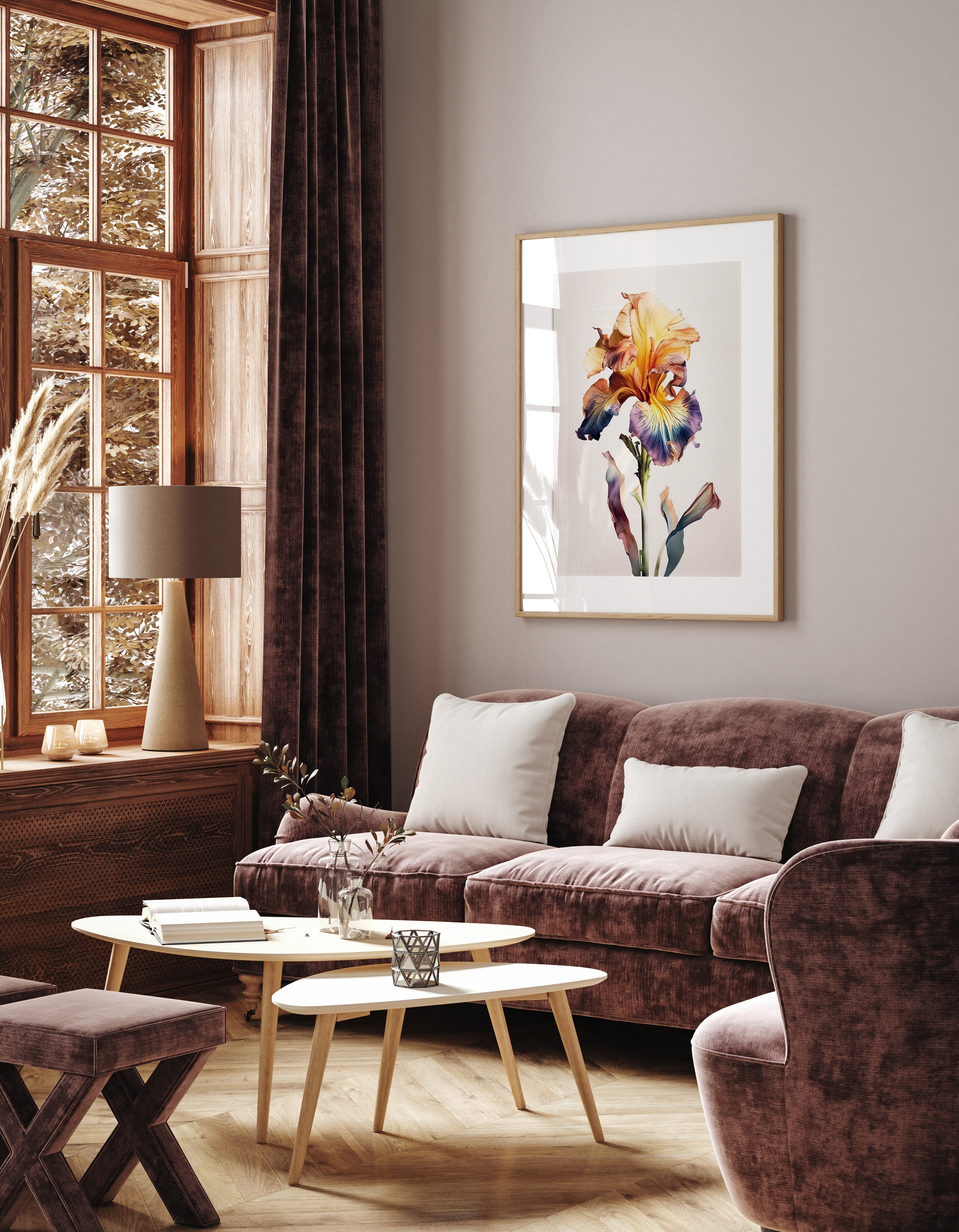 a cozy living room with a large window, a brown sofa, a wooden coffee table, and a framed painting of a colorful flower on the wall.