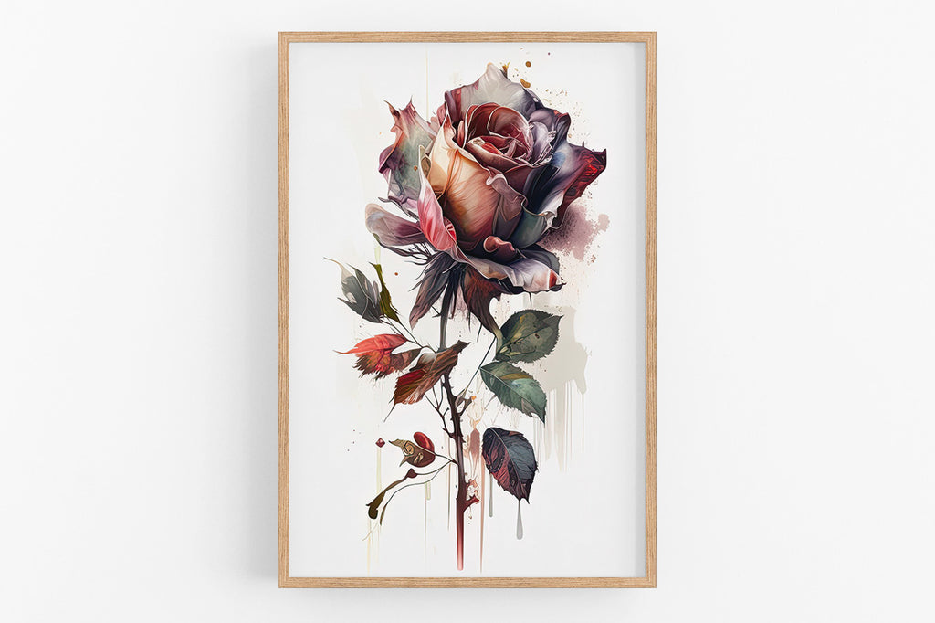 The image is a framed print featuring a large, vibrant rose with intricate details and a mix of colors.