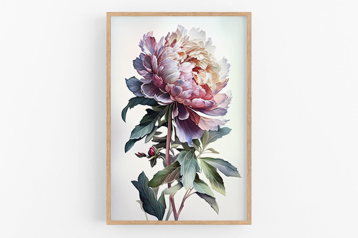 A framed painting depicting a large, vibrant peony flower with delicate petals in shades of pink, purple, and white.