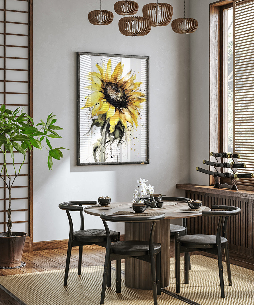 a modern dining room with a round wooden table, black chairs, and a large sunflower painting hanging on the wall above the table.