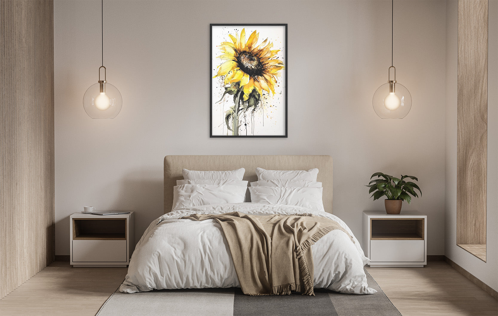 a serene and modern bedroom with a large bed, white bedding, and a framed watercolor painting of a sunflower hanging above it. The room is illuminated by two pendant lights, creating a warm and inviting atmosphere.