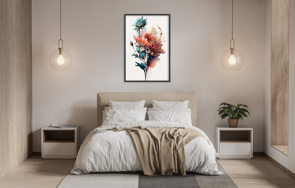 a serene and modern bedroom with a large bed, white bedding, and a framed artwork of a colorful flower hanging above it. The room is illuminated by two pendant lights, creating a warm and inviting atmosphere.