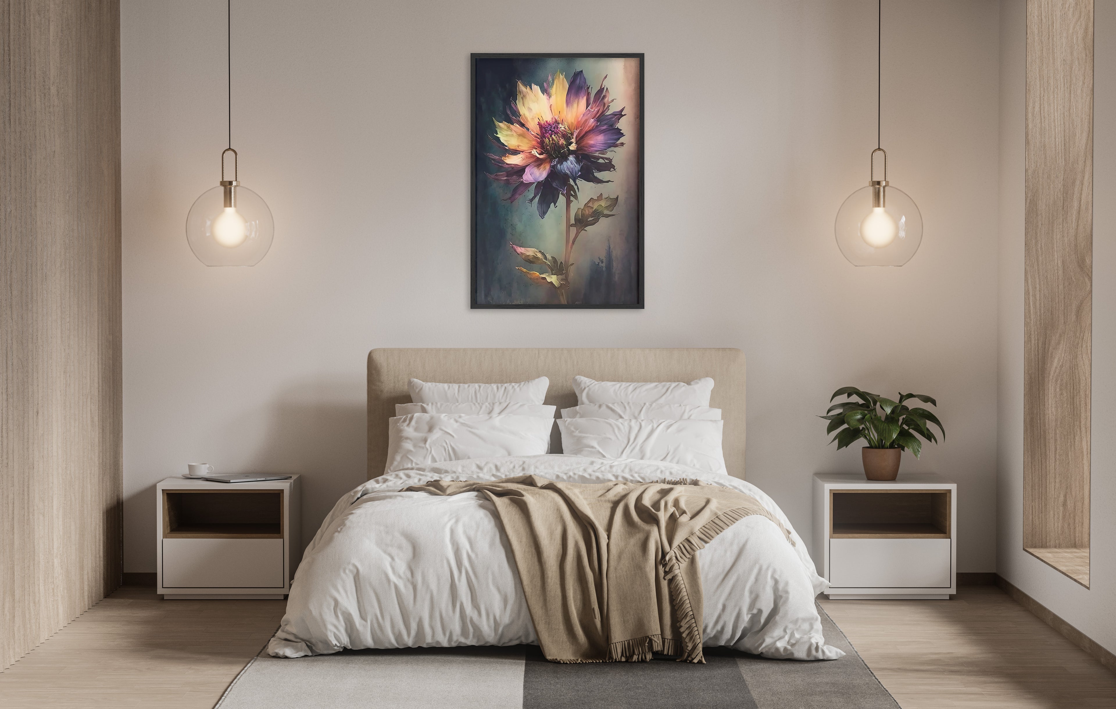 a serene and modern bedroom with a large bed, white bedding, and a framed painting of a colorful flower hanging above it. The room is illuminated by two pendant lights, creating a warm and inviting atmosphere.