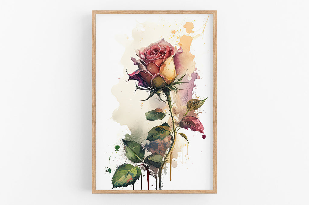 The image is a framed watercolor painting depicting a vibrant pink rose with green leaves and stems.