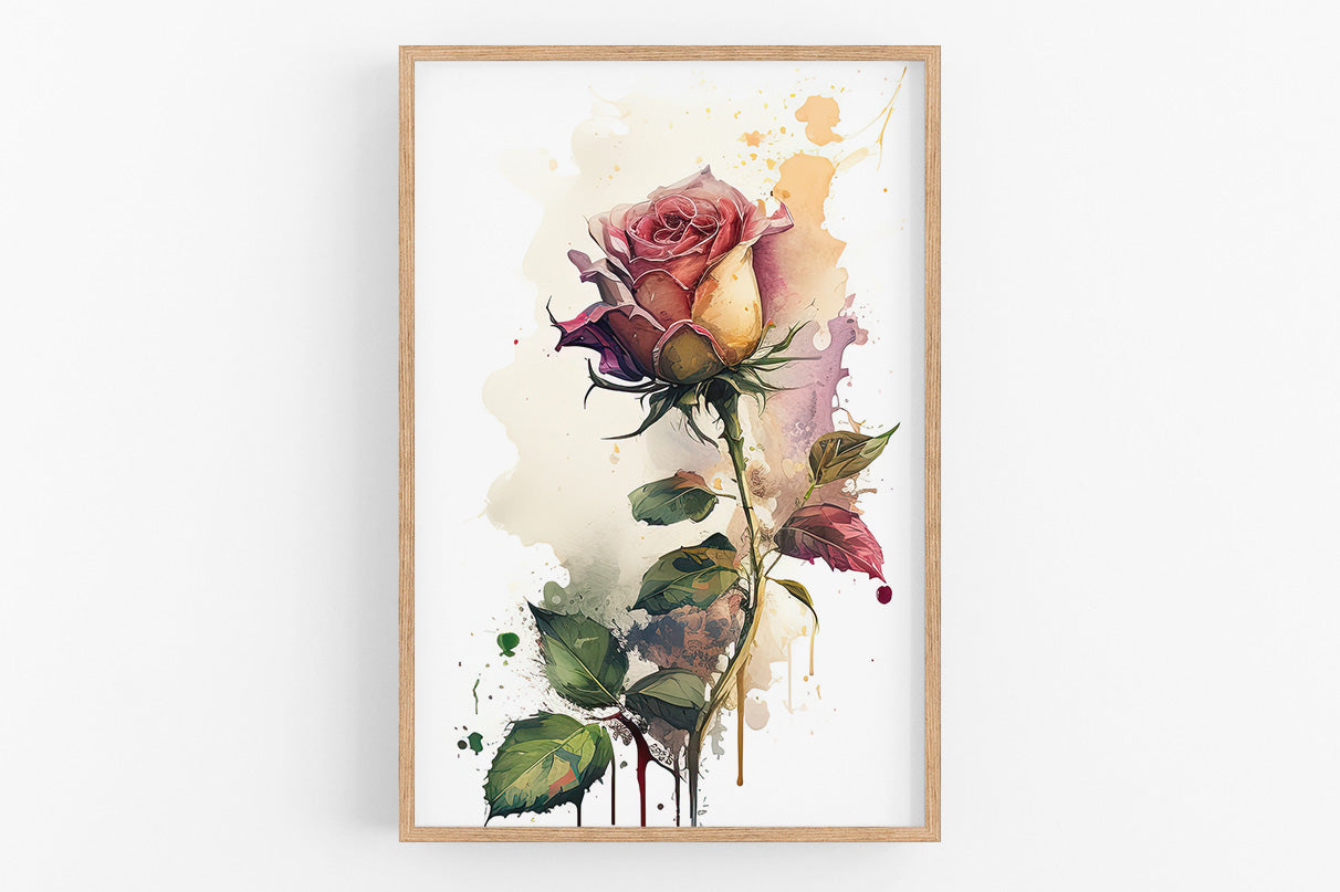 The image is a framed watercolor painting depicting a vibrant pink rose with green leaves and stems.