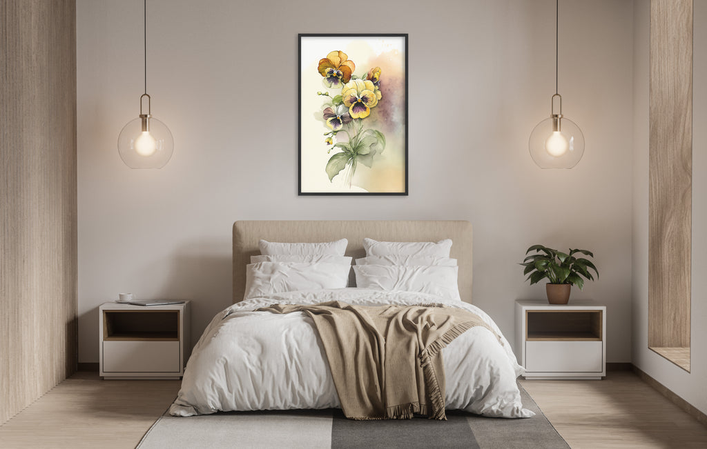 a serene and modern bedroom with a large bed, white bedding, and a framed painting of yellow and orange flowers hanging above it. The room is illuminated by two pendant lights, creating a warm and inviting atmosphere.