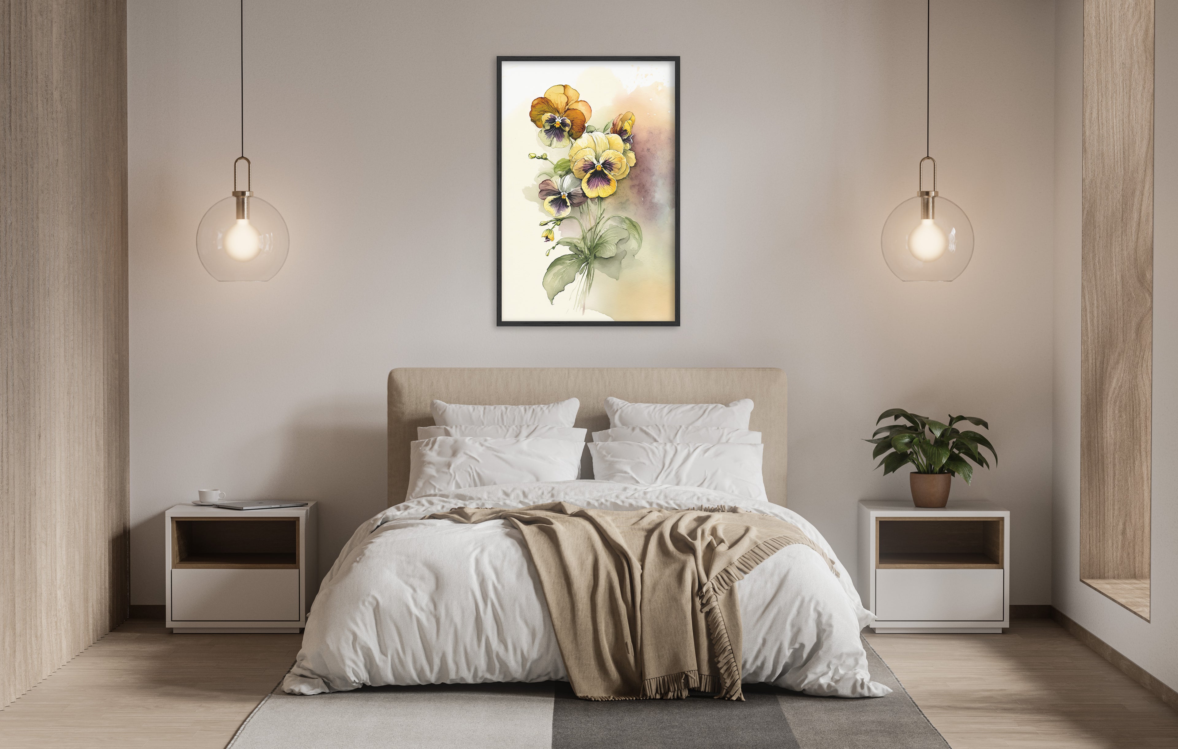 a serene and modern bedroom with a large bed, white bedding, and a framed painting of yellow and orange flowers hanging above it. The room is illuminated by two pendant lights, creating a warm and inviting atmosphere.