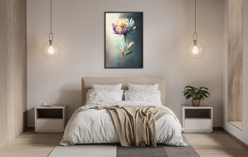 a serene and modern bedroom with a large bed, white bedding, and a framed painting of a flower hanging above it. The room is illuminated by two pendant lights, creating a warm and inviting atmosphere.