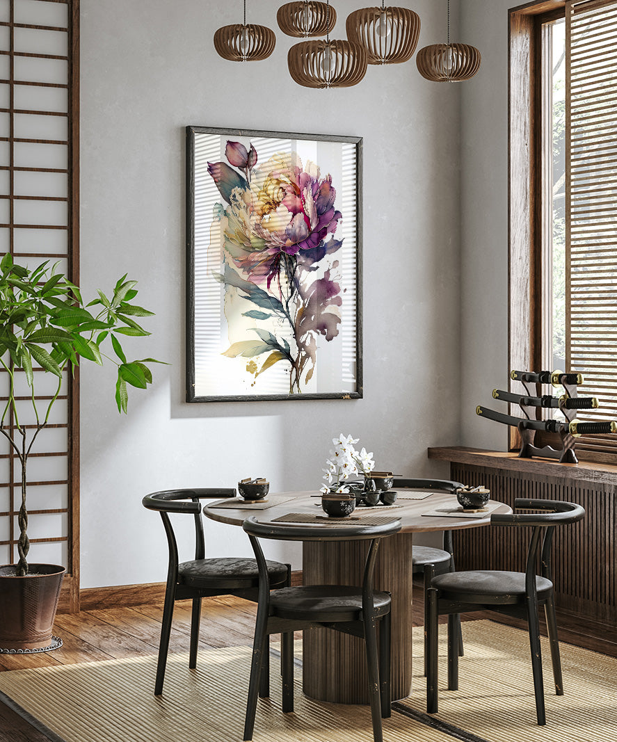 a modern dining room with a wooden table and chairs, a large floral painting on the wall, and a potted plant in the corner.