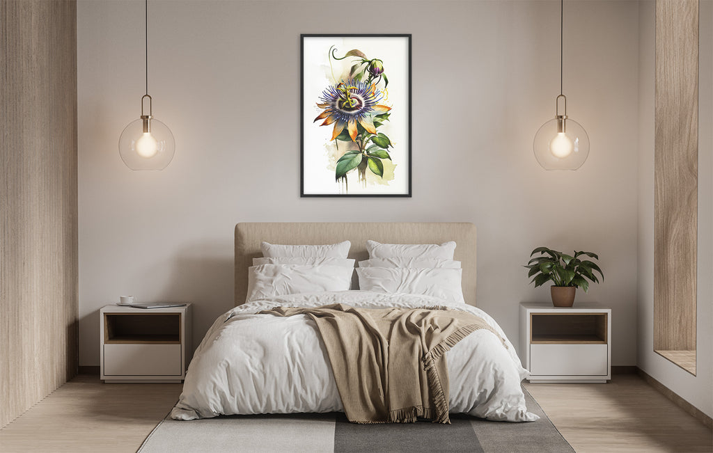 a serene and modern bedroom with a large bed, white bedding, and a framed artwork of a colorful flower hanging above it. The room is illuminated by two pendant lights, creating a warm and inviting atmosphere.