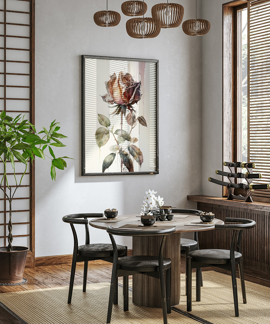 a modern dining room with a wooden table and chairs, a large floral artwork hanging on the wall, and a potted plant in the corner.