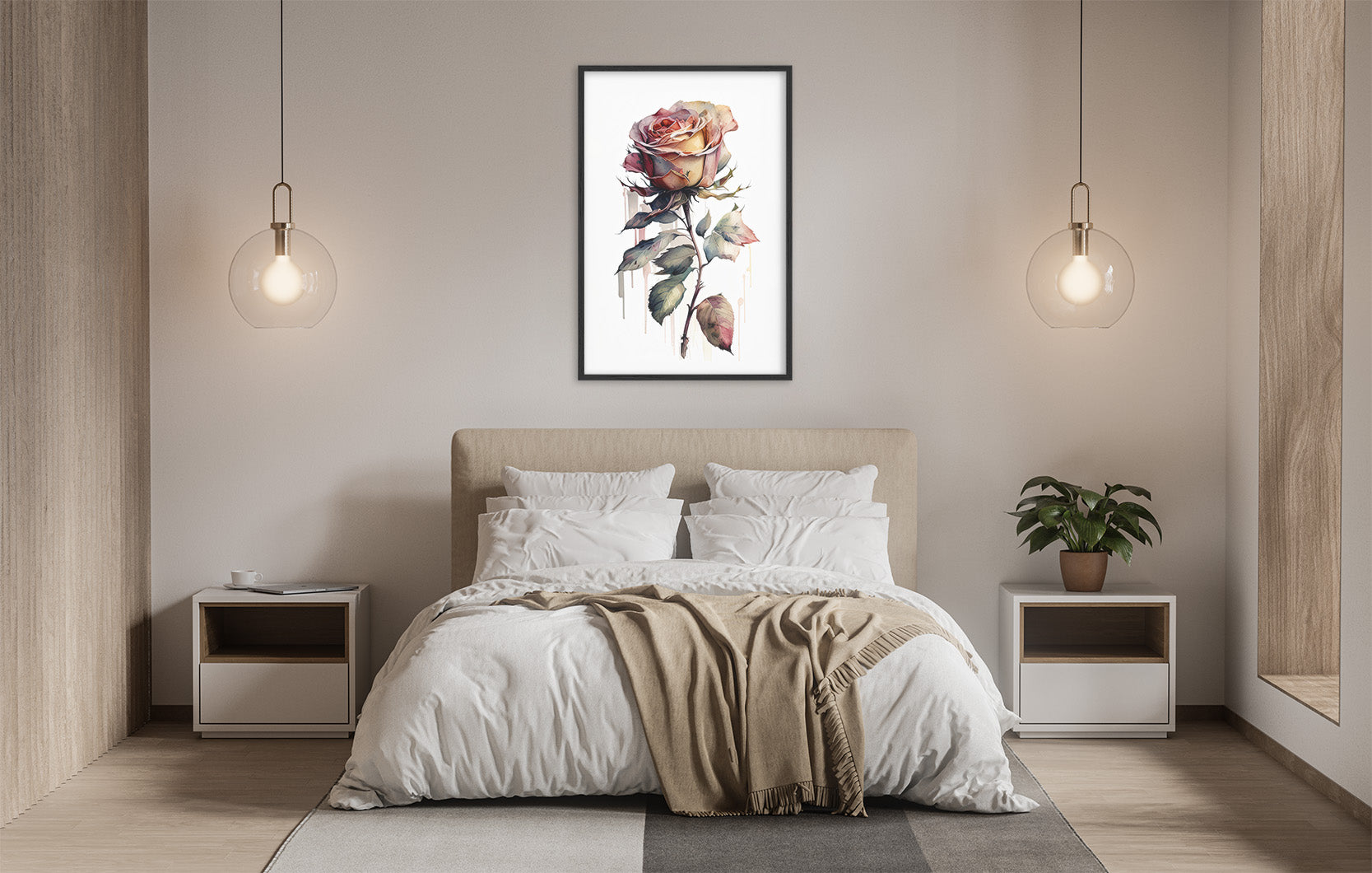 a serene and modern bedroom with a large bed, white bedding, and a framed painting of a rose hanging above it. The room is illuminated by two pendant lights, creating a warm and inviting atmosphere.
