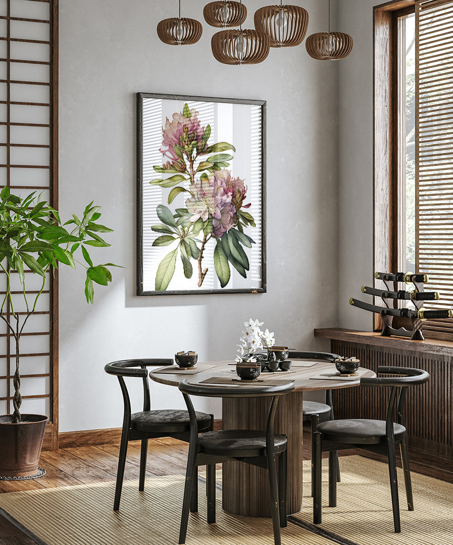a modern dining room with a round wooden table surrounded by black chairs. A large floral painting hangs on the wall above the table, and a potted plant is placed on the left side of the room. The room has a minimalist and elegant design, with a wooden floor and a large window providing natural light.