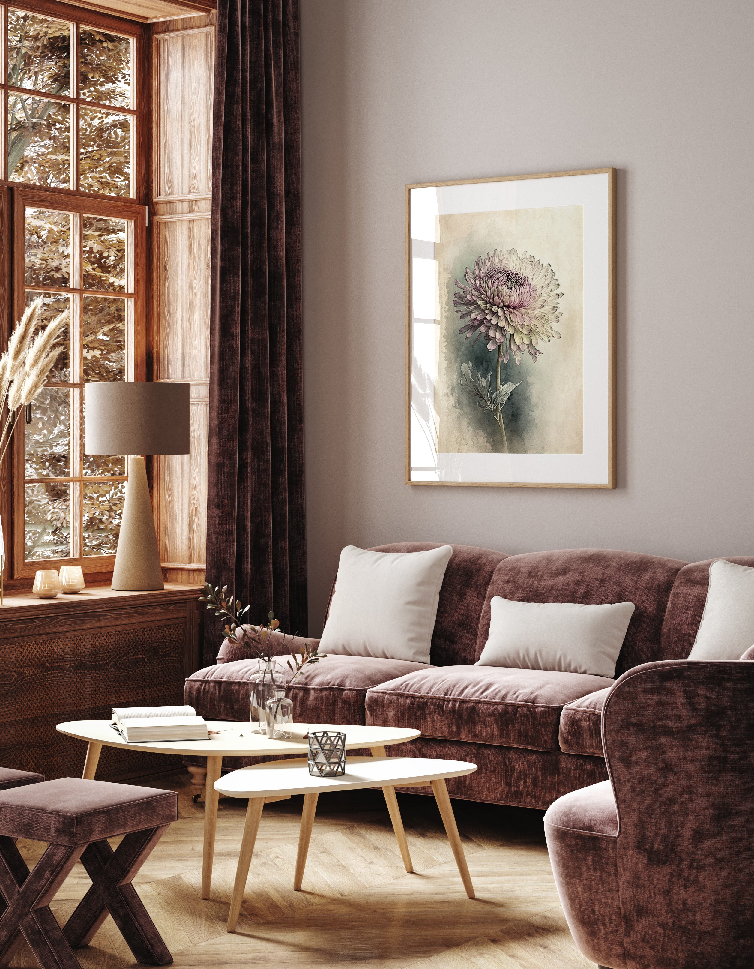 a cozy living room with a large window, a plush red sofa, a wooden coffee table, and a framed painting of a flower on the wall.