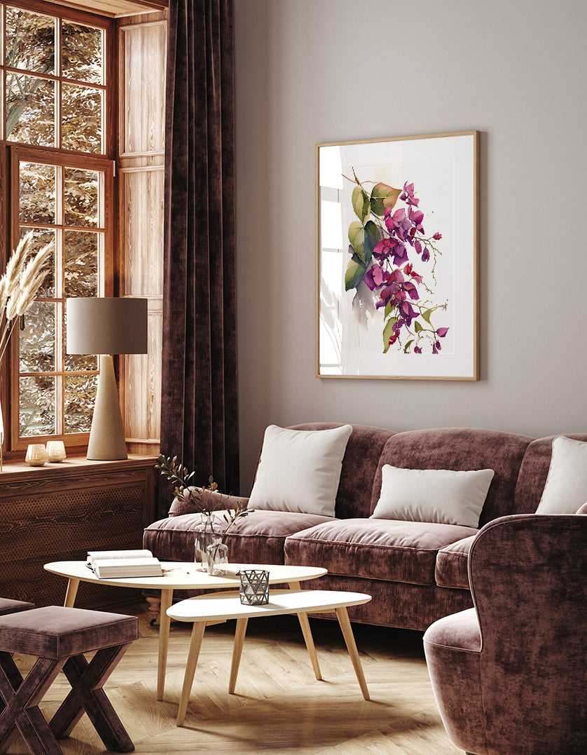 a cozy living room with a large window, a brown sofa, a wooden coffee table, and a framed painting of purple flowers on the wall.