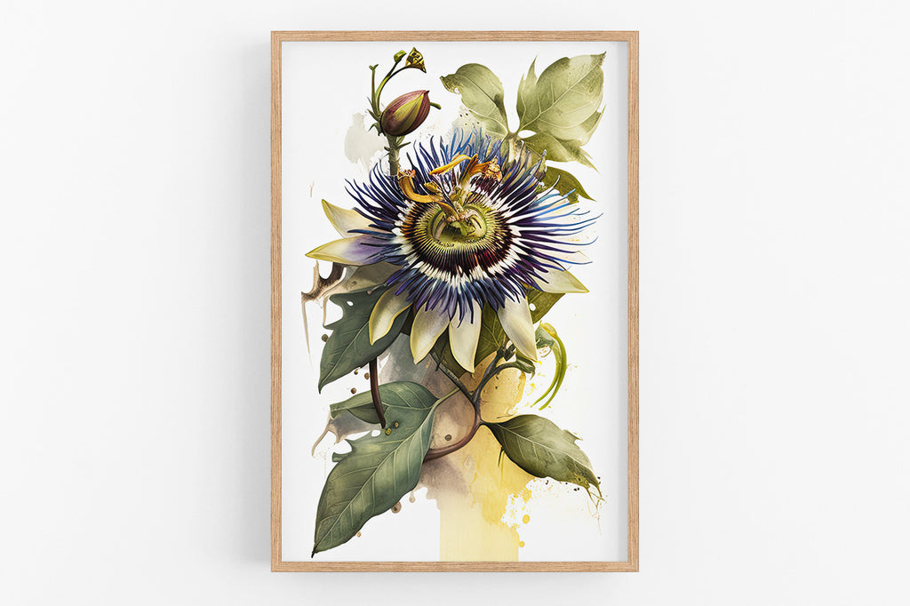 The image is a framed print featuring a vibrant and detailed illustration of a purple and white flower surrounded by lush green leaves and stems.