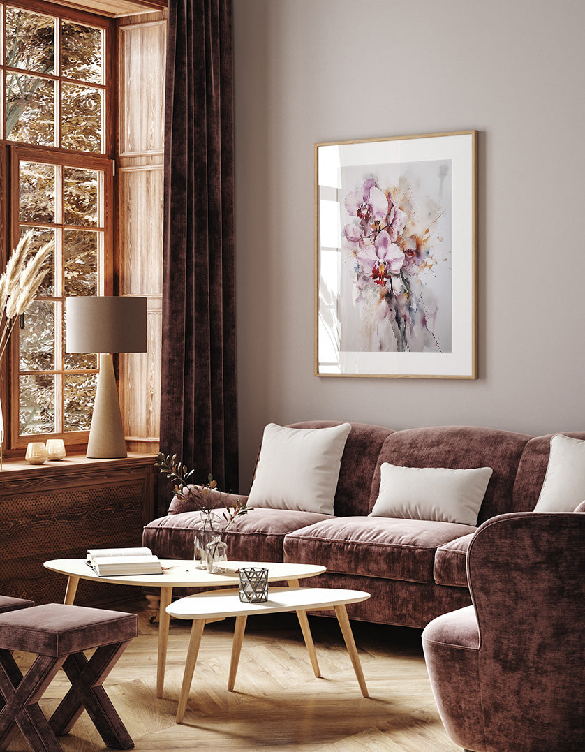 a cozy living room with a large window, a plush brown sofa, a wooden coffee table, and a framed painting of flowers on the wall.