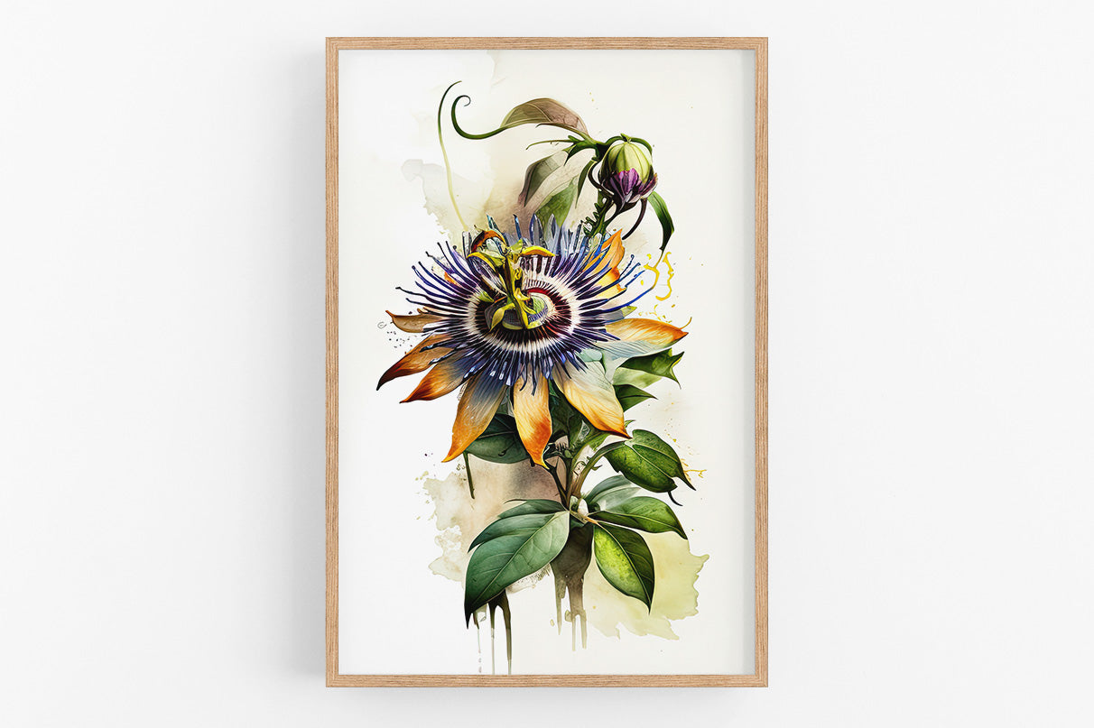 The image is a framed print depicting a vibrant and colorful flower with multiple petals and leaves, set against a white background.