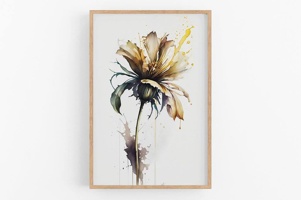 The image is a framed painting of a large, vibrant yellow flower with green leaves, set against a white background.